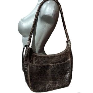 Brighton Barbados Ziptop Hobo Bag Purse Croc-Embossed Leather Brown 10X12” Boho